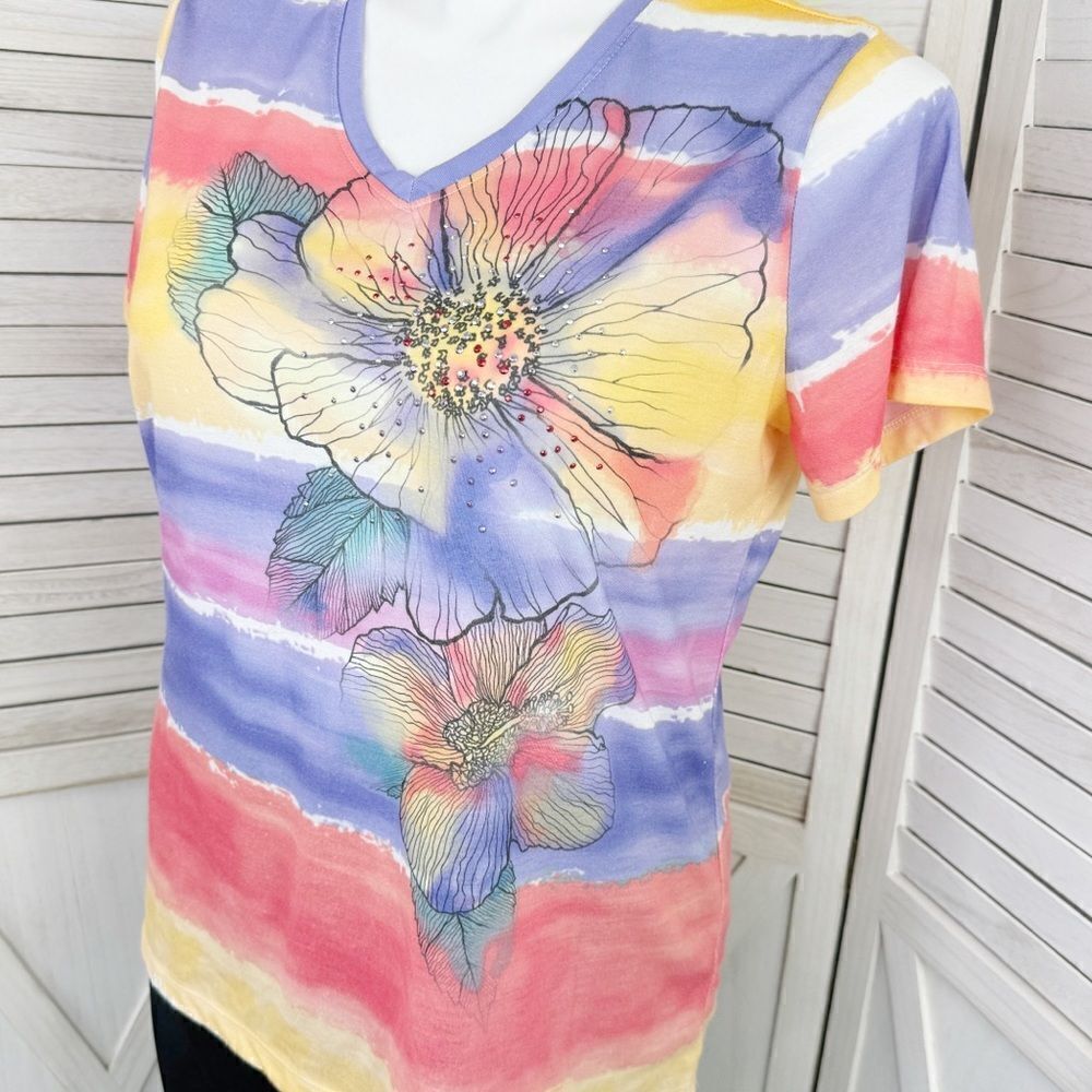 White Stag Ombre Striped Floral Studded Tee Shirt Purple Pink Yellow XXL - Picture 6 of 11
